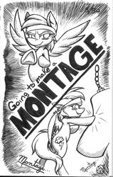 Size: 1713x2696 | Tagged: safe, artist:nekotigerfire, rainbow dash, g4, female, headband, monochrome, montage, newbie artist training grounds, punch, punching bag, solo, song reference, team america: world police, traditional art, trey parker