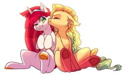 Size: 1024x634 | Tagged: safe, artist:raponee, oc, oc only, oc:linnea sprout, oc:sunset icing, pony, duo, female, lesbian, mare, oc x oc, shipping
