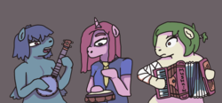 Size: 1773x824 | Tagged: safe, artist:grinwild, oc, oc only, earth pony, unicorn, anthro, accordion, bandage, banjo, music, musical instrument, open mouth, tambourine, wide eyes