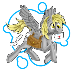 Size: 1000x1000 | Tagged: safe, artist:may-li128, derpy hooves, pegasus, pony, g4, female, flying, letter, mail, mailbag, mouth hold, simple background, solo, spread wings, transparent background