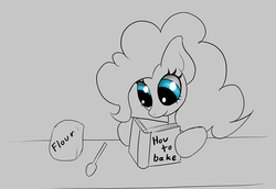 Size: 1000x686 | Tagged: safe, artist:cyle, pinkie pie, g4, book, female, flour, flour sack, how to, newbie artist training grounds, reading, solo, spoon