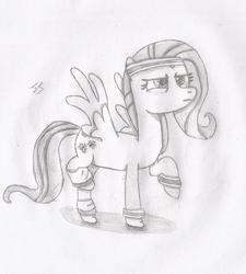 Size: 1130x1255 | Tagged: safe, artist:perplexedpegasus, fluttershy, g4, hurricane fluttershy, female, headband, hoofband, monochrome, newbie artist training grounds, pencil drawing, solo, traditional art