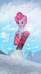 Size: 1687x3000 | Tagged: safe, artist:krizistv, pinkie pie, g4, 3d, clothes, cloud, female, lens flare, scarf, snow, snowboard, solo, source filmmaker, tree