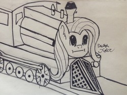 Size: 2592x1936 | Tagged: safe, artist:ultmateinferno, fluttershy, ponies: the anthology 3, g4, :i, fluttertrain, inanimate tf, monochrome, newbie artist training grounds, pun, solo, traditional art, train, trainified, transformation, visual pun