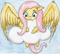 Size: 2388x2148 | Tagged: safe, artist:40kponyguy, derpibooru exclusive, fluttershy, g4, 30 minute art challenge, cloud, female, high res, looking down, solo, spread wings, traditional art