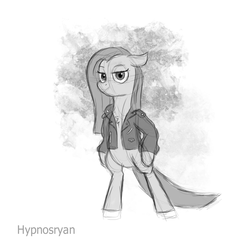 Size: 1700x1700 | Tagged: safe, artist:hypno, pinkie pie, earth pony, pony, g4, bipedal, clothes, female, leather jacket, monochrome, solo