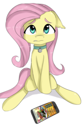 Size: 1231x1873 | Tagged: safe, artist:jonathan the awesome, derpibooru exclusive, fluttershy, g4, bad pony, clicker heroes, collar, female, floppy ears, flutterpet, looking at you, pet tag, phone, pure unfiltered evil, simple background, smartphone, solo