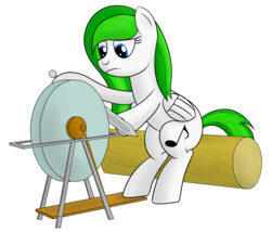 Size: 2450x2100 | Tagged: safe, artist:cloudy95, oc, oc only, oc:cloud, pegasus, pony, grinding, high res, hoof hold, log, newbie artist training grounds, sitting, solo, sword, weapon, wheel