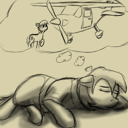 Size: 768x768 | Tagged: safe, artist:thebathwaterhero, oc, oc only, oc:sunny days, earth pony, pony, series:entrapment, clothes, door, dream, eyes closed, female, filly, foal, monochrome, plane, propeller, sleeping, smiling, solo, tunic, wheel