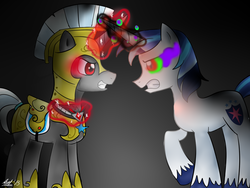 Size: 1024x768 | Tagged: safe, artist:xanikrawlerlazarx, shining armor, g4, alicorn amulet, corrupted, corrupted shining armor, dark magic, magic, royal guard, sombra eyes