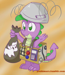 Size: 1024x1191 | Tagged: safe, artist:yoshimarsart, spike, dragon, g4, baby, baby dragon, bag, bowl, box, clothes, costume, cute, hat, male, nightmare night costume, signature, simple background, solo, spikabetes, tape, watermark