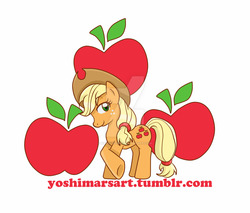 Size: 1024x872 | Tagged: safe, artist:yoshimarsart, applejack, g4, apple, crossed arms, crossed legs, cutie mark background, female, food, solo, watermark