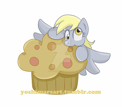 Size: 1024x897 | Tagged: safe, artist:yoshimarsart, derpy hooves, pegasus, pony, g4, eating, female, food, mare, muffin, nom, solo, watermark