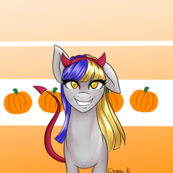 Size: 1200x1200 | Tagged: safe, artist:chimeranightshade, oc, oc only, pony, devil horns, food, halloween, pumpkin, solo