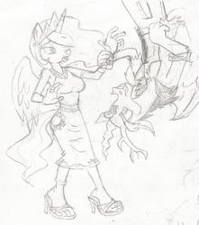 Size: 676x763 | Tagged: safe, artist:dertikleen, discord, princess celestia, anthro, plantigrade anthro, g4, anklet, clothes, dress, high heels, monochrome, sandals, toe ring, traditional art