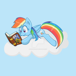 Size: 1024x1024 | Tagged: safe, artist:yoshimarsart, rainbow dash, g4, book, cloud, female, reading, solo, watermark