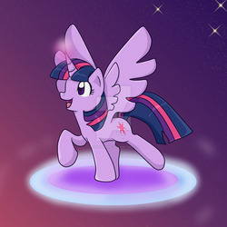 Size: 1024x1024 | Tagged: safe, artist:yoshimarsart, twilight sparkle, alicorn, pony, g4, female, happy, raised hoof, smiling, solo, spread wings, twilight sparkle (alicorn), watermark