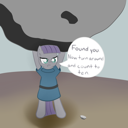 Size: 2000x2000 | Tagged: safe, artist:yakoshi, boulder (g4), maud pie, earth pony, pony, g4, bipedal, boulder, female, hide and seek, high res, lifting, newbie artist training grounds, solo, speech bubble