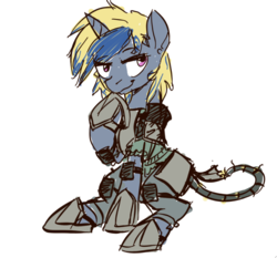 Size: 882x823 | Tagged: safe, artist:inlucidreverie, oc, oc only, oc:malice, pony, unicorn, fallout equestria, fallout equestria: wasteland economics, armor, grin, hoof on chin, raider, simple background, sitting, smiling, solo, weapon, white background