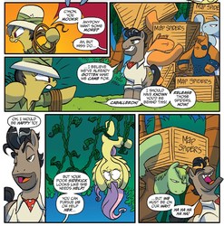 Size: 1297x1314 | Tagged: safe, artist:jay fosgitt, idw, daring do, doctor caballeron, fluttershy, earth pony, map spider, pegasus, pony, friends forever #32, g4, my little pony: friends forever, spoiler:comic, male, mooks, stallion