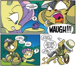 Size: 1271x1110 | Tagged: safe, artist:jay fosgitt, idw, official comic, daring do, fluttershy, map spider, pegasus, pony, spider, g4, my little pony: friends forever, spoiler:comic, spoiler:comicff32, arachnophobia, clothes, comic, cute, female, hat, mare, pith helmet, shirt, shyabetes, waugh