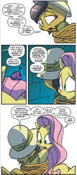 Size: 856x1954 | Tagged: safe, artist:jay fosgitt, idw, official comic, daring do, fluttershy, map spider, pony, spider, friends forever #32, g4, my little pony: friends forever, spoiler:comic, arachnophobia, clothes, comic, confession, cute, daring dorable, female, hat, mare, pith helmet, shame, shyabetes, simple background, tied up, white background