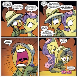 Size: 1271x1263 | Tagged: safe, artist:jay fosgitt, idw, official comic, daring do, fluttershy, map spider, pegasus, pony, g4, spoiler:comic, spoiler:comicff32, arachnophobia, clothes, comic, cowering, female, hat, mare, pith helmet, shirt, the end