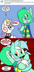 Size: 576x1224 | Tagged: safe, artist:pembroke, lyra heartstrings, sweetie belle, g4, comic, dialogue, hand, meanie belle, mint, super genius mint