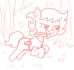 Size: 640x600 | Tagged: safe, artist:ficficponyfic, oc, oc only, oc:ruby rouge, earth pony, pony, colt quest, bush, child, clothes, danger, female, fight, filly, foal, galloping, glare, grass, knife, monochrome, solo, story included, tomboy, tree