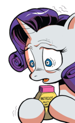 Size: 416x684 | Tagged: safe, artist:andy price, idw, official comic, rarity, pony, unicorn, g4, antacids, female, mare, medicine, simple background, solo, transparent background