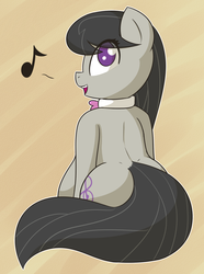 Size: 1350x1810 | Tagged: safe, artist:funble, octavia melody, earth pony, pony, g4, belly, big belly, butt, cute, female, happy, looking at you, looking back, looking back at you, mare, music notes, plot, pregnant, singing, solo, tavibetes, treblebutt