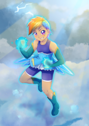 Size: 1000x1419 | Tagged: safe, artist:kelsea-chan, rainbow dash, human, g4, cloud, female, humanized, looking at you, magical girl, solo, winged humanization