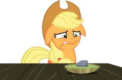Size: 13899x9107 | Tagged: safe, artist:cyanlightning, applejack, g4, .svg available, absurd resolution, female, floppy ears, food, rock, rock soup, simple background, solo, soup, table, transparent background, vector