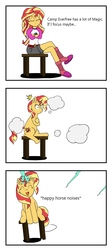 Size: 2223x4948 | Tagged: safe, artist:pony4koma, sunset shimmer, pony, unicorn, equestria girls, g4, my little pony equestria girls: legend of everfree, clothes, comic, cute, descriptive noise, dialogue, eyes closed, female, happy, horse noises, human to pony, magic, magic aura, mare, meme, shimmerbetes, slippers, stool, transformation