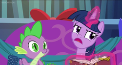 Size: 1366x726 | Tagged: safe, screencap, spike, twilight sparkle, alicorn, pony, a hearth's warming tail, g4, book, discovery family logo, eyeroll, faic, twilight sparkle (alicorn)