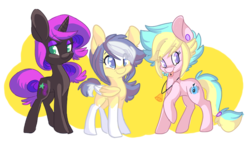 Size: 800x456 | Tagged: safe, artist:indiefoxtail, oc, oc only, oc:harmonic rhyme, oc:midnight dream, oc:night wishes, earth pony, pegasus, pony, unicorn, tongue out