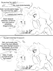 Size: 1280x1713 | Tagged: safe, artist:silfoe, princess luna, spike, twilight sparkle, dragon, pony, other royal book, royal sketchbook, g4, black and white, chess, chessboard, comic, dialogue, female, grayscale, lesbian, magic, mare, monochrome, ship:twiluna, shipping, simple background, speech bubble, white background
