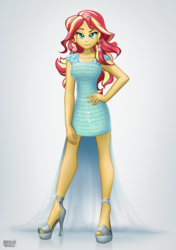 Size: 2165x3080 | Tagged: safe, artist:bcpony, sunset shimmer, equestria girls, g4, beautiful, clothes, dress, female, hand on hip, high heels, high res, lidded eyes, looking at you, sandals, smiling, solo