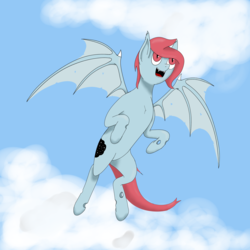 Size: 3000x3000 | Tagged: safe, artist:theshadowscale, oc, oc only, oc:sterngaffer, bat pony, changeling, hybrid, pony, cloud, flying, high res, sky, solo