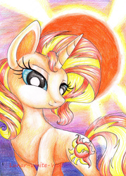 Size: 2401x3361 | Tagged: safe, artist:lunar-white-wolf, sunset shimmer, pony, unicorn, g4, female, high res, smiling, solo, sunset, traditional art