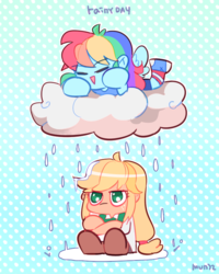 Size: 660x824 | Tagged: safe, artist:dusty-munji, applejack, rainbow dash, equestria girls, g4, applejack is not amused, chibi, cloud, unamused