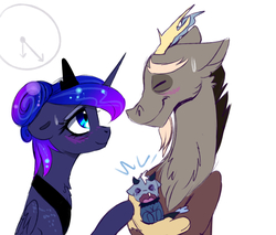 Size: 1600x1366 | Tagged: safe, artist:elementalokami, discord, princess luna, hybrid, g4, baby, cute, discute, interspecies offspring, lunabetes, male, maternaluna, offspring, parent:discord, parent:princess luna, parents:lunacord, ship:lunacord, shipping, straight