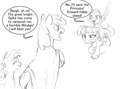 Size: 1035x720 | Tagged: safe, artist:silfoe, princess cadance, shining armor, spike, twilight sparkle, dragon, pony, royal sketchbook, g4, annoyed, brother and sister, brothers, cape, clothes, cute, dialogue, dragons riding ponies, eyes closed, filly, filly twilight sparkle, floppy ears, frown, glare, grayscale, monochrome, open mouth, raised hoof, riding, roleplaying, running, simple background, smirk, sparkle siblings, speech bubble, spikabetes, spike riding twilight, teen princess cadance, twiabetes, twilight sparkle is not amused, unamused, underhoof, unshorn fetlocks, younger