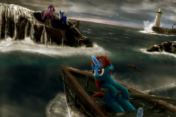 Size: 1600x1067 | Tagged: safe, artist:everypone, oc, oc only, boat, lighthouse, rescue, rock, shipwreck, storm, stranded, water