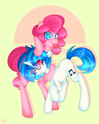 Size: 1024x1280 | Tagged: safe, artist:anithedrawist, dj pon-3, pinkie pie, vinyl scratch, pony, g4, cute, diapinkes, duo, tongue out, vinylbetes