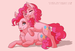 Size: 2272x1549 | Tagged: safe, artist:evehly, pinkie pie, earth pony, pony, :p, adoraberry, bubble berry, chest fluff, commission, cute, diapinkes, duo, duo male and female, eyes closed, female, hug, male, mare, misleading thumbnail, open mouth, prone, rule 63, rule63betes, self paradox, self ponidox, silly, silly pony, smiling, stallion, tongue out