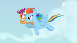 Size: 1024x576 | Tagged: safe, artist:raindashesp, derpy hooves, rainbow dash, scootaloo, pegasus, pony, g4, female, mare, scootaloo can fly, scootalove