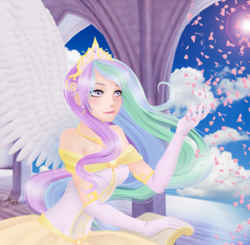 Size: 3129x3065 | Tagged: safe, artist:srtagiuu, princess celestia, human, g4, clothes, dress, female, flower petals, high res, humanized, solo, winged humanization