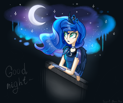 Size: 1194x997 | Tagged: safe, artist:sweet-boom-pony, princess luna, human, g4, choker, clothes, dress, female, horn, horned humanization, humanized, moon, night, solo, winged humanization