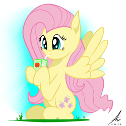 Size: 2000x2000 | Tagged: safe, artist:truffle shine, fluttershy, g4, apple juice, cute, drink, drinking, female, grass, high res, hoof hold, juice, juice box, shyabetes, sitting, smiling, solo, spread wings